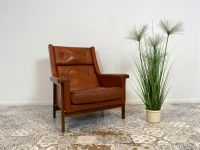 WMK Formschöner & gut erhaltener skandinavischer Designersessel von Karl-Erik Ekselius mit cognac braunem Echtlederbezug # Sessel Ledersessel Relaxsessel Ohrensessel Danish Design Mid-Century Vintage Friedrichshain-Kreuzberg - Friedrichshain Vorschau