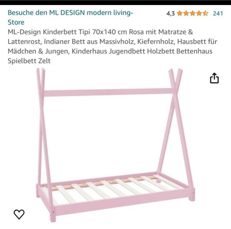 Tipi Mädchen Kinderbett mit Matratze rosa in Höchstadt