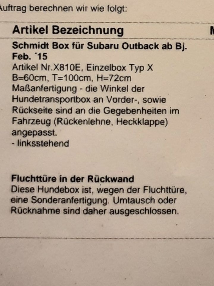 Neuwertige Hundebox Schmidt für Subaru Outback in Nümbrecht