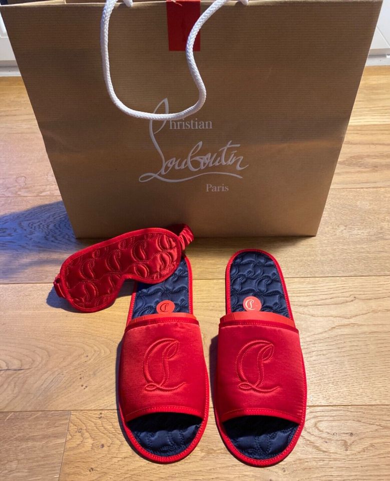 Christian Louboutin Red Silk Slippers One Size and Sleep Mask Set in Gaggenau