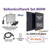 Aktion! Balkonkraftwerk 860W / 2x 430W TOPCon Glas-Glas Solarmodule Full Black + Deye 800kW mit externem Relais (auf 600W drosselbar) Nordrhein-Westfalen - Würselen Vorschau