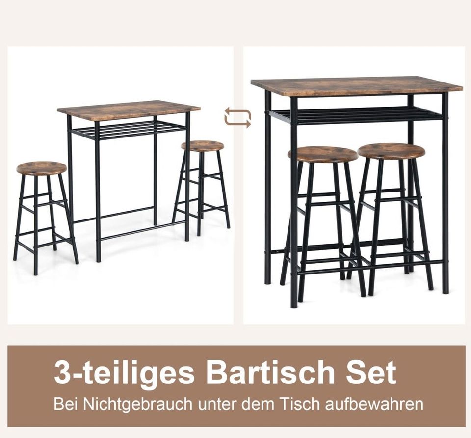 3-teiliges Tisch + Stuhl-Set Tisch Vintage Holz mit 2 Hockern in Bebra