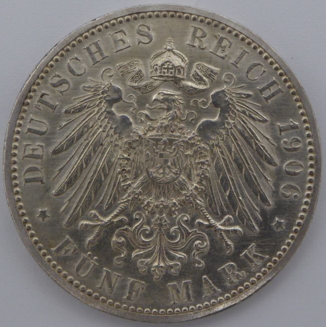 5 Reichsmark J.-Nr. 35, Friedrich I von Baden, 1906, st- in Tübingen