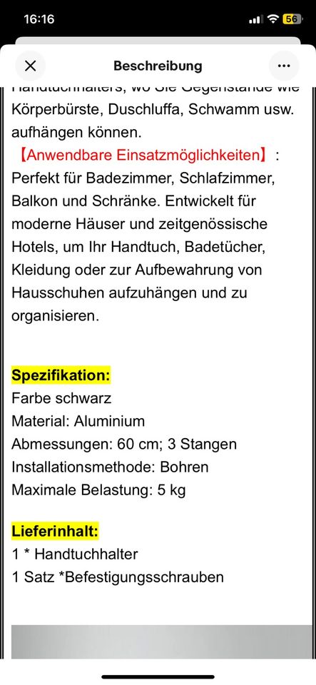 Handtuchstange Bad schwarz 3 teilig Handtuchhalter Stange Metall in München