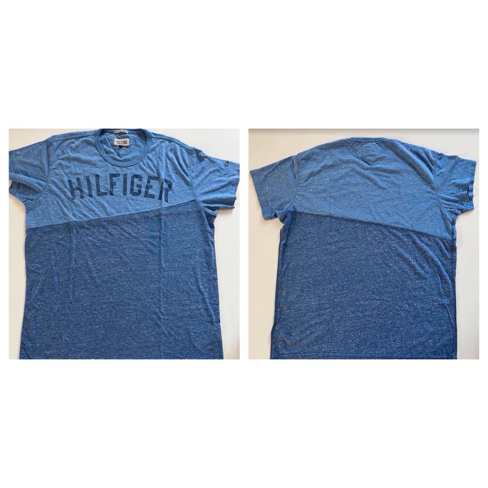 Tommy Hilfiger,  T-Shirt blau meliert, Schrift Hilfiger, Gr. L in Kiel