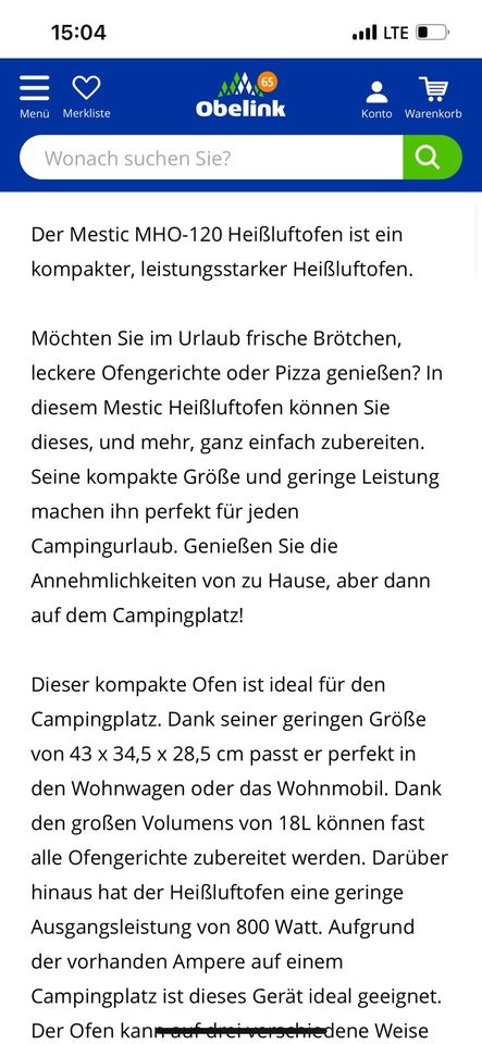 Mestic Heißluftofen Ofen 18 L 800Watt  6,5kg MHO120 OVP in Husby