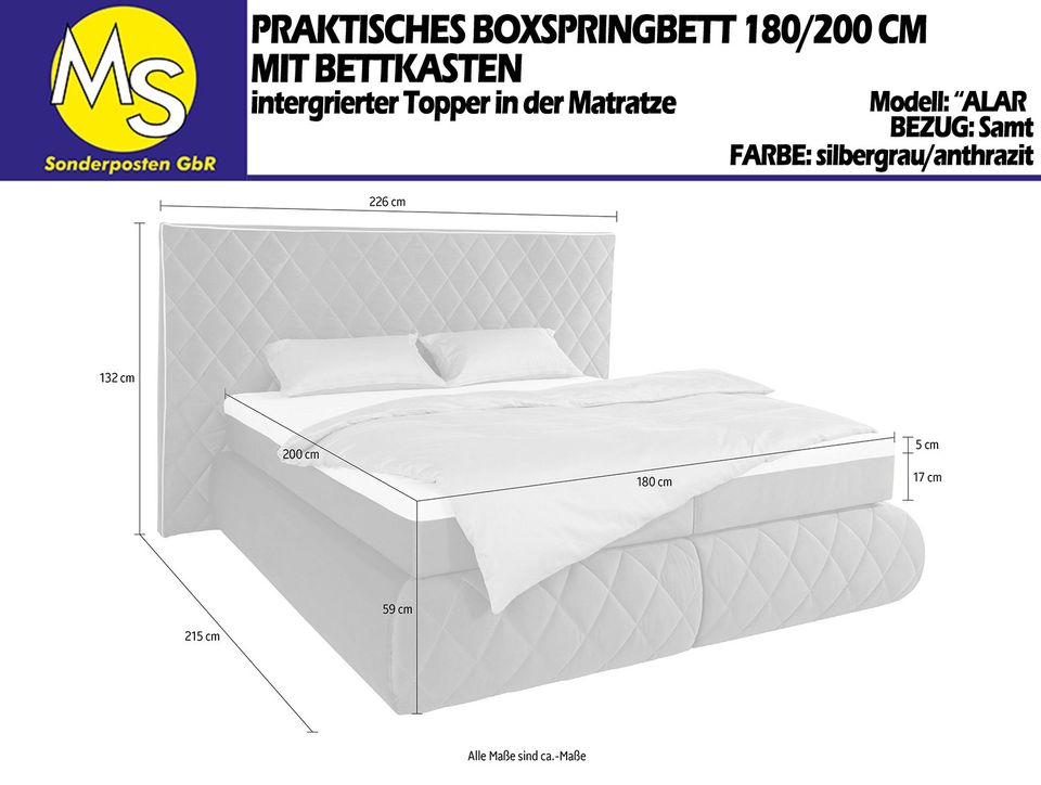 Boxspringbett Bett 180/200 +KSMatratze H2 +Topper Samt grau in Mettingen