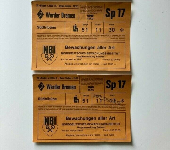 Zwei Eintrittskarten Werder - 1.FC Köln 1991/92 (auch einzelnd) in Stuhr