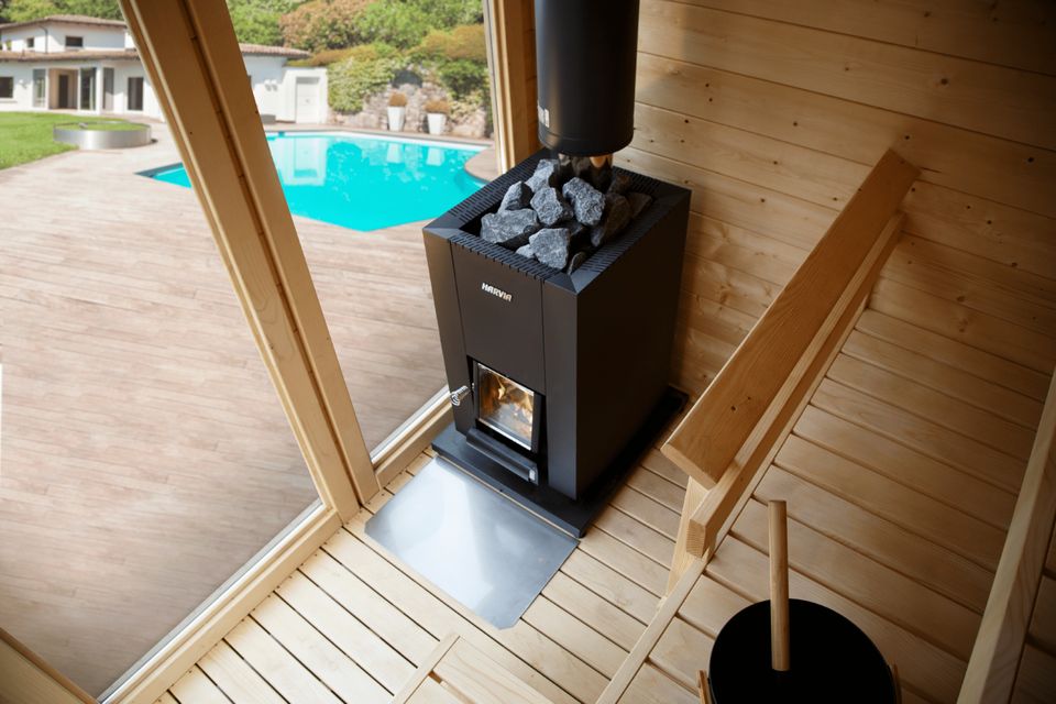 Harvia Linear 18 Compact Komplettset inkl. WHP1500 Schornstein und BimSchV  Stufe 2 - WKLI18CPTM - Saunaofen Holz für Gartensauna Holzofen Sauna 