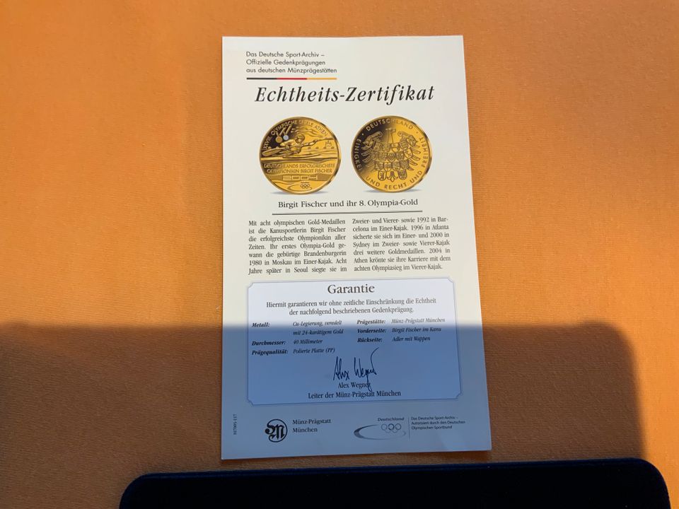Das Deutsche Sportarchiv Medaille Birgit Fischer vergoldet+Box in Essen