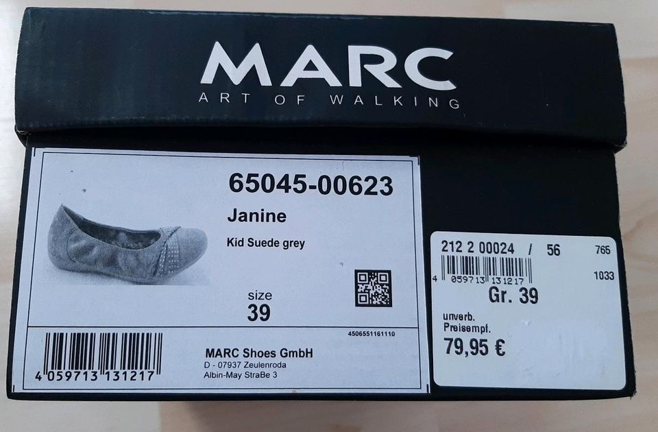 Ballerinas Marc Shoes, grau, Größe 39, wie NEU! in Besigheim