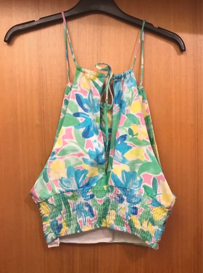 Bershka Crop Top Leinen Mix Bunt Sommer Schleife Gr. XS in Mannheim