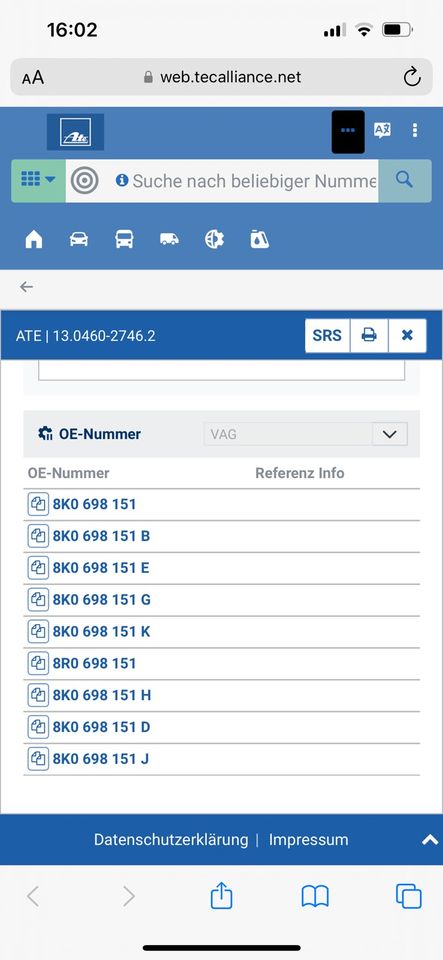 Verkaufe Bremsbeläge Neu ATE 13.0460-2746.2 z.B. A4 8K 3.0 TDI in Schwandorf