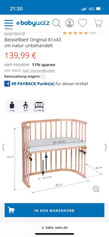 Beistellbett Babybay Original „Classic“ aus Holz in Wattenheim