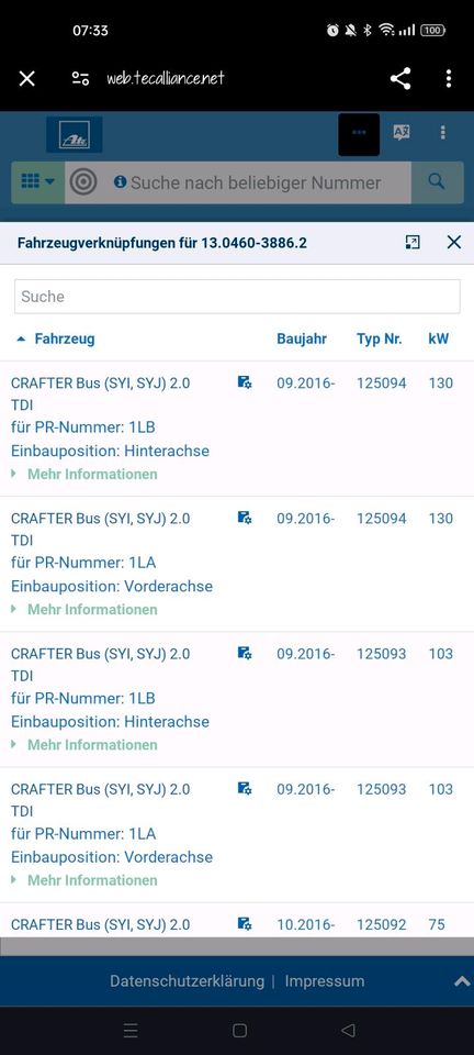 VW Crafter, Bremsbeläge ATE Vorderachse in Mühlhausen