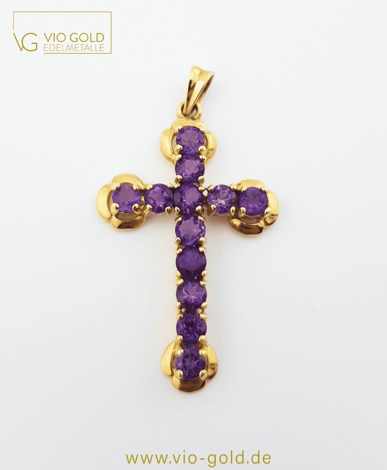 Amethyst Kreuz Anhänger Gold | 3,6 cm x 2,5 cm | 10 Kt. 375 Gelbgold | Kettenanhänger R3887 in Regensburg