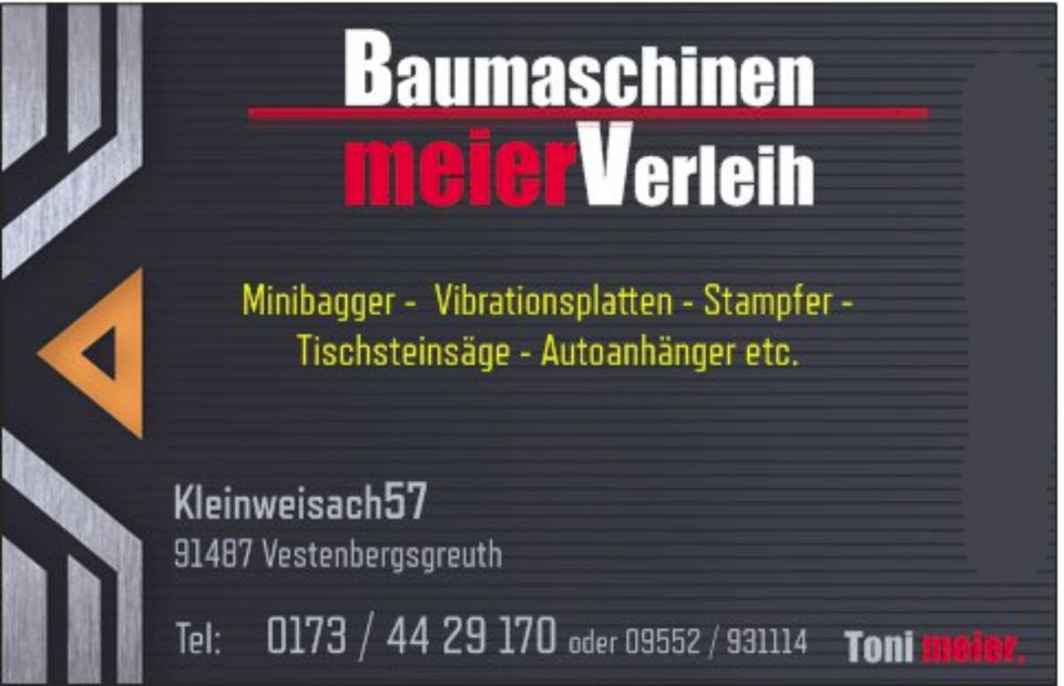 Minibagger, Stampfer, Rüttelplatten,Baumaschinen Verleih, Mieten in Vestenbergsgreuth