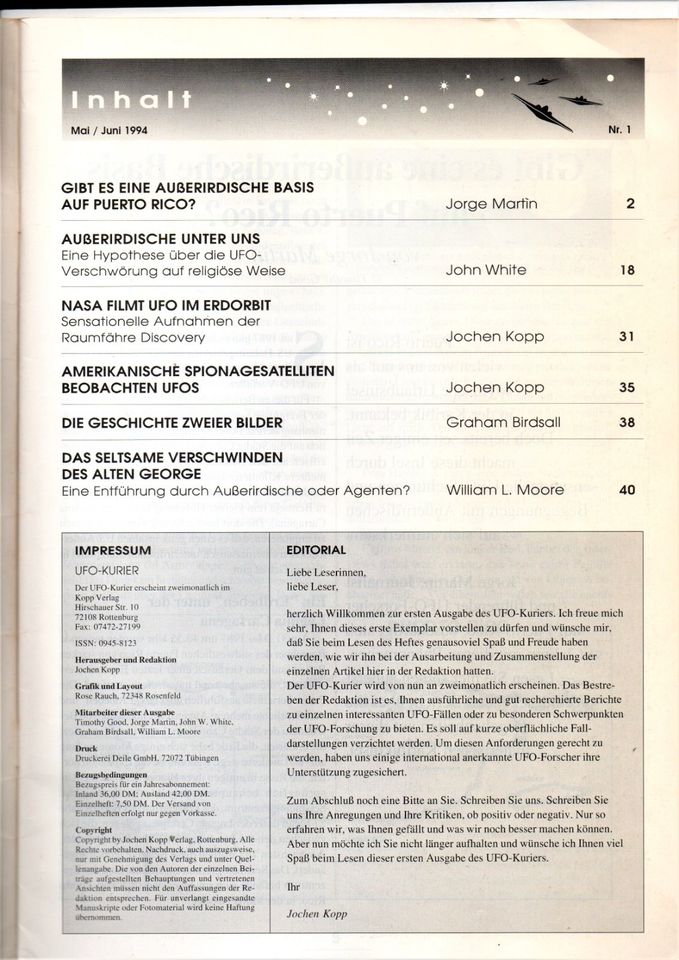 Ufo Kurier Mai/Juni 1994 Erste Ausgabe Original keine Kopie in Coburg