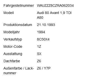 Audi 80 B4 Ersatzteileträger 1Z SX LY7P Titan-Metallic VN9175 in Heilsbronn