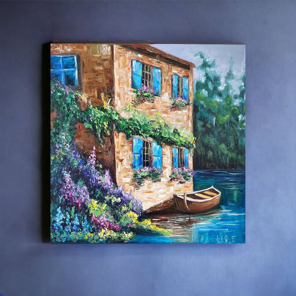 Ölgemälde «Haus am See» 60x60cm - Unikat - handgemalt in Holzgerlingen