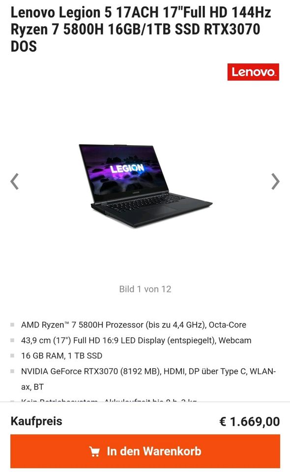 Lenovo Legion 5 Gaming Laptop 17 Zoll Ryzen 7 RTX 3070 in Oftersheim