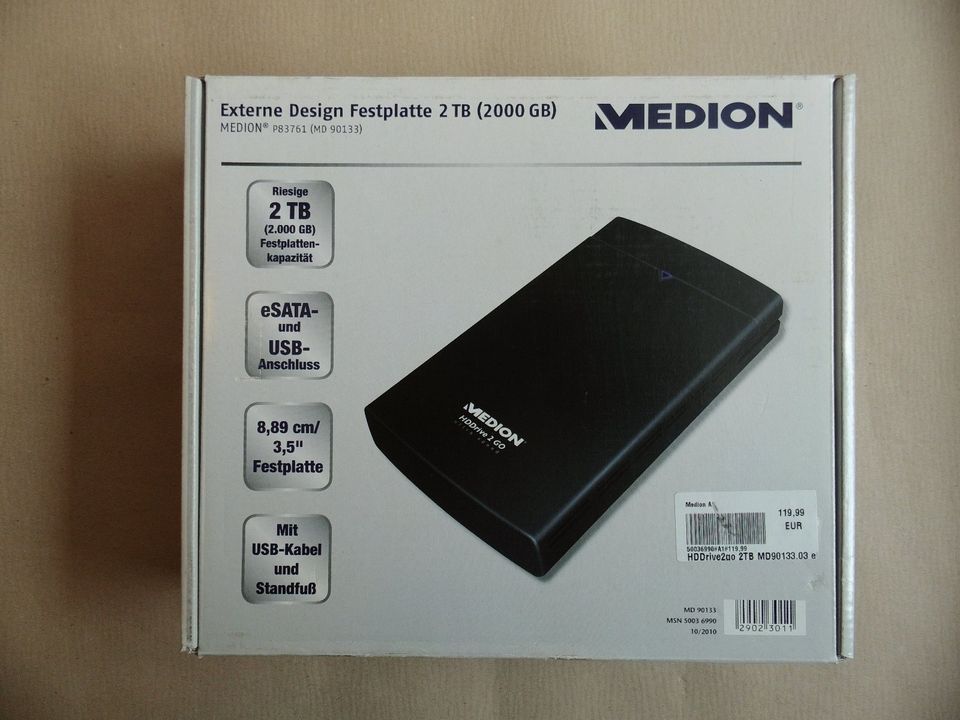 EXTERNE MEDION DESIGN FESTPLATTE HDDRIVE2GO 2TB MD90133 in Herne