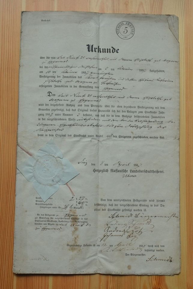 Historisches Dokument / Alte Urkunde mit Papiersiegel von 1857. in Waldbröl