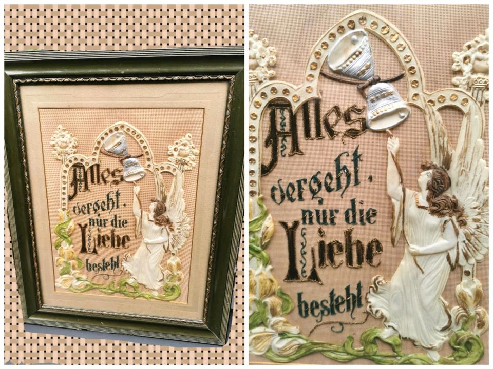 Stick Bild, Antik, 1900, Sinnspruch, Hochzeit, Volkskunst in Minden
