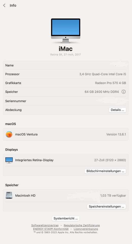 Apple iMac 27“ (2017) Retina 5K, 3.4 GHz, Intel I5, 64GB, 1TB FD in Hamburg