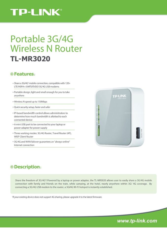 TP-Link TL-MR3020 Tragbarer 3G/4G -WLAN-N-Router - OVP in Sankt Katharinen