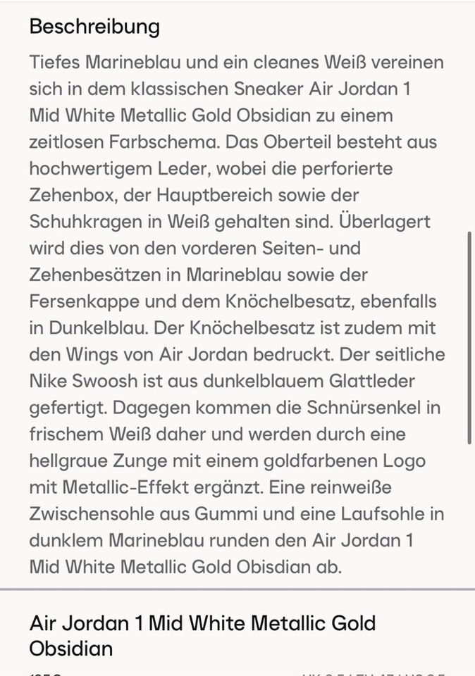 *wie neu!* AIR JORDAN 1 MID WHITE METALLIC GOLD OBSIDIAN Gr. 42 in Rudolstadt