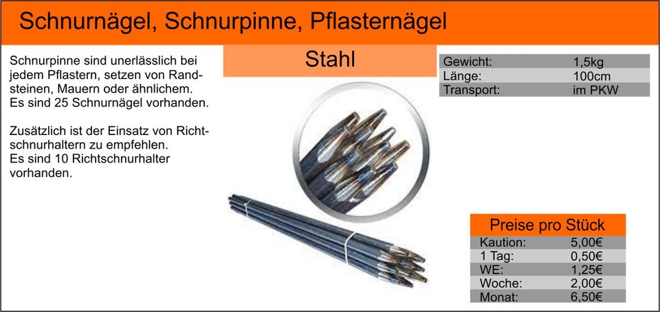 ZU VERMIETEN: Schnurnagel, Richtschnurhalter, Pflasternagel &mehr in Hemer