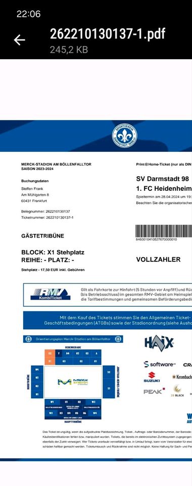 Fussball Ticket: SV Darmstadt - FC Heidenheim in Frankfurt am Main