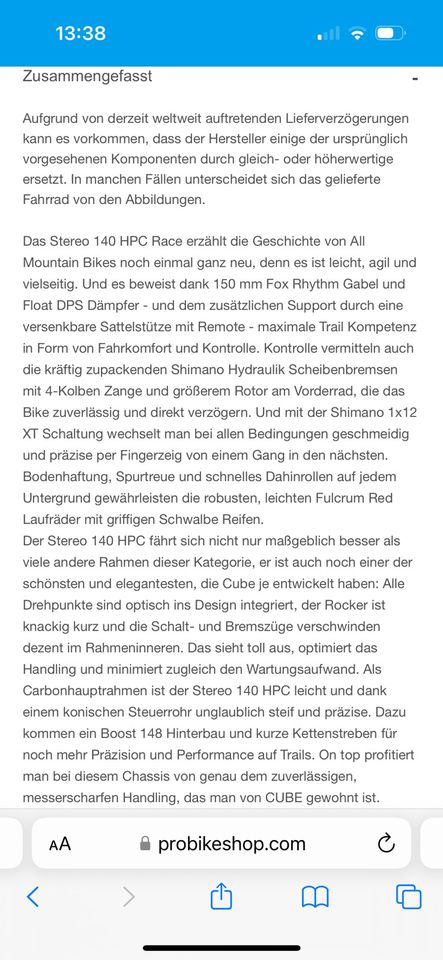 Cube Stereo Race 140 Gr.L aktueller Service erledigt in Knetzgau