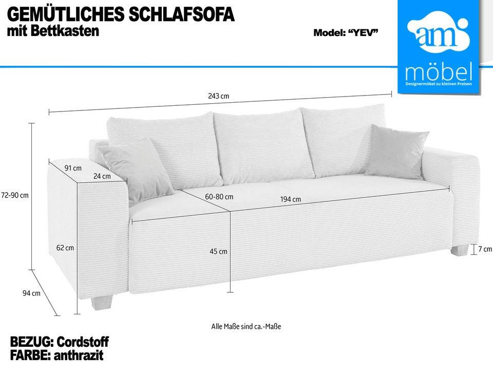 Sofa Couch Wohnlandschaft Schlafsofa Bettkasten Cord anthrazit in Bremen