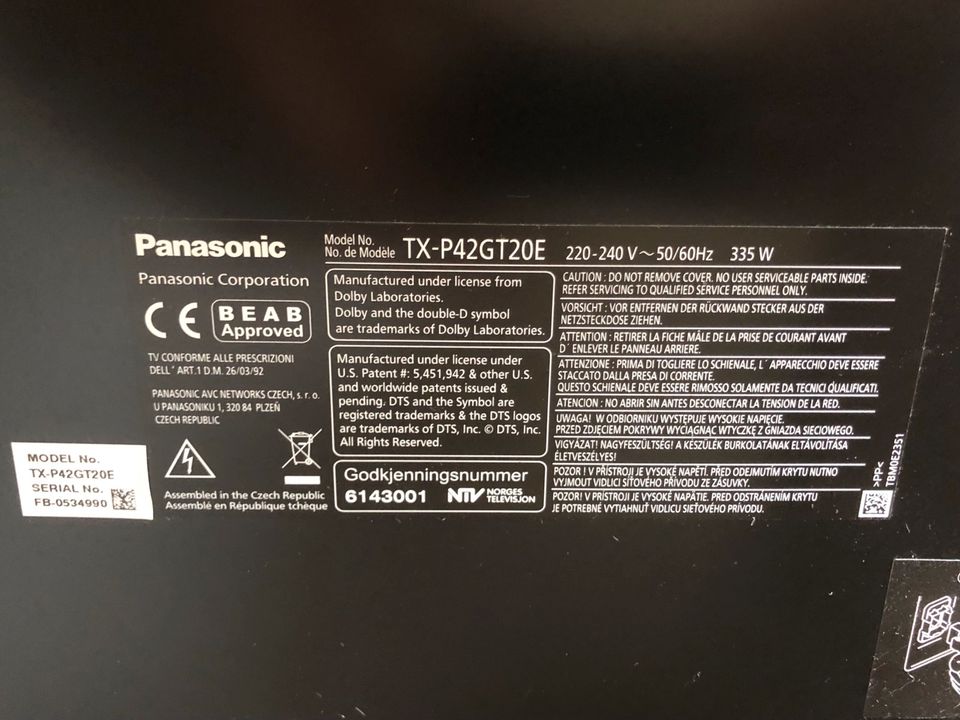 Panasonic 42 Zoll Viera Fernseher TX-P42GT20E Plasma in Stadtprozelten