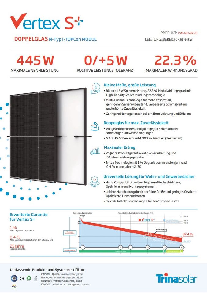 36x Trina Vertex S+ 435Wp Glas/Glas Solarmodul !Versand kostenlos in Zweibrücken