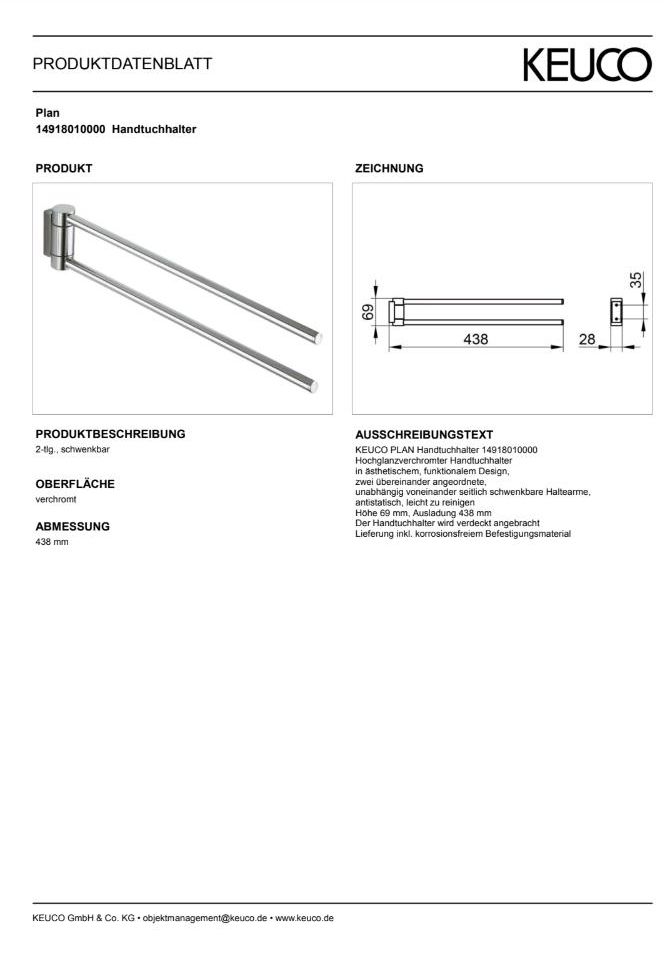 Keuco Plan Handtuchhalter, schwenkbar in Ulm