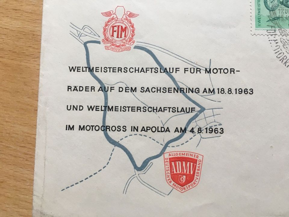 Ersttagsbrief Motorrad  Sachsenring Motocross Apolda 1963 WM in Bensheim
