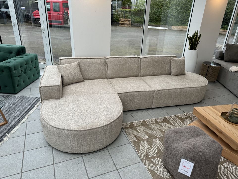 Ecksofa Designersofa PALMA in Stoff Ascot Beige Ottomane Links in Lage