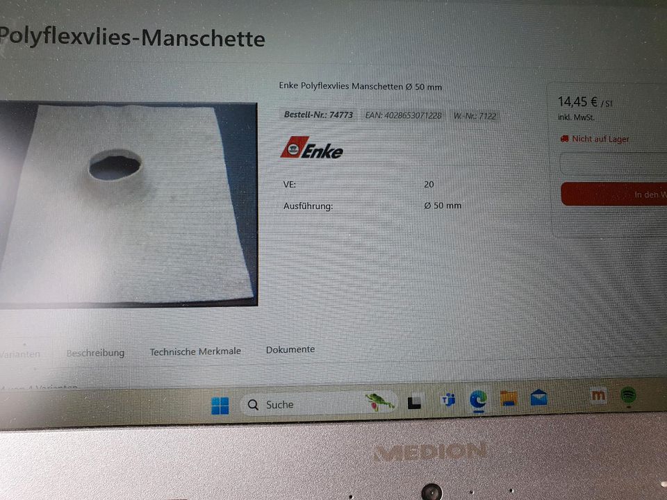 Enke Vlies Manschette 50mm Abdichtung Flüssigkunststoff Enkopur in Tastrup