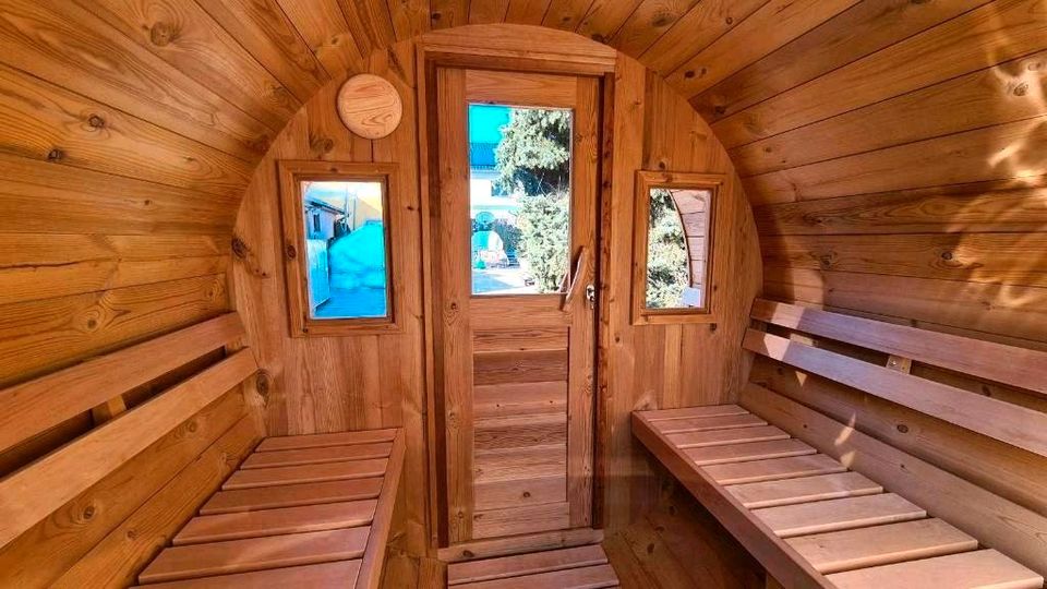 Sofort startklar & fertig montiert Fasssauna mit Holzofen Saunafass Garten Sauna Harvia Saunatonne Haus Fassauna Badezuber Hot Tub Kamin Badefass Brennholz Feuertonne Tiny House Fass Gartenhaus mobile in Erfurt