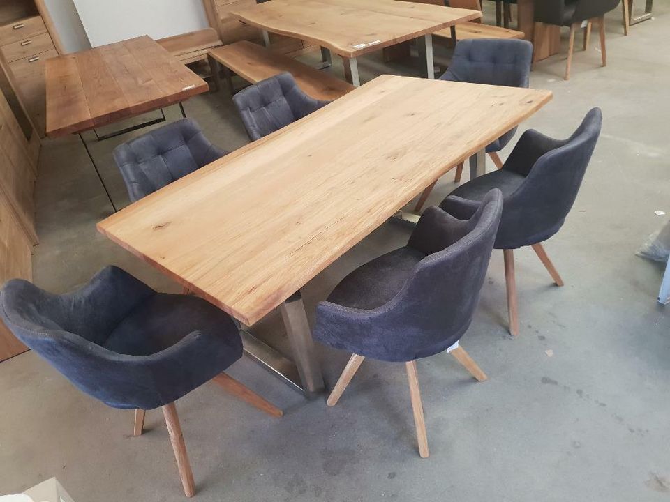 Baumtisch Esstisch Gruppe Eiche massiv 180x100 +6 Sessel grau,NEU in Bad Staffelstein