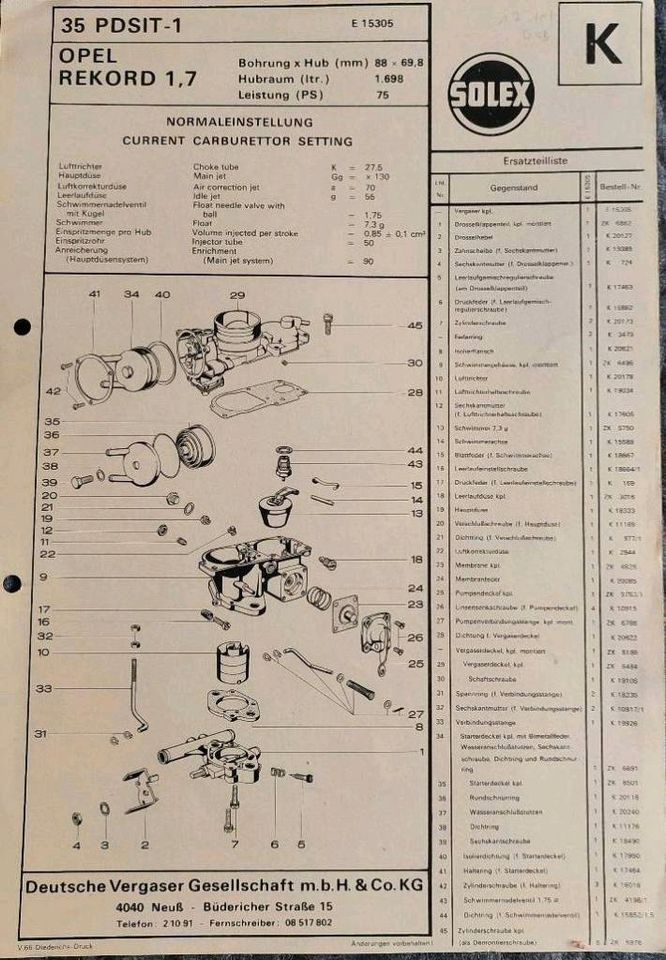 Vergaser Solex PDSIT-1 Techn. Zeichnung in Bochum