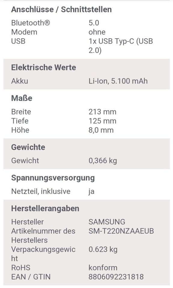 Samsung Galaxy Tab 7,SM-T220,Garantie in Wurzen