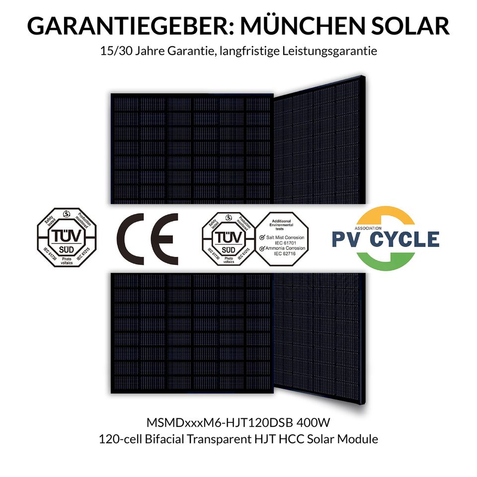 München Solar Solarpaneel 400W MSMDM6HJT120DSB Bifacial Glas-Glas in Dießen
