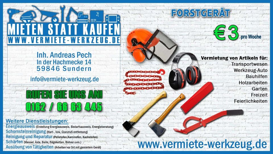 ⚡  Mieten Fallheber Forstketten Spaltaxt Spalthammer Beil Kabel ⚡ in Sundern (Sauerland)