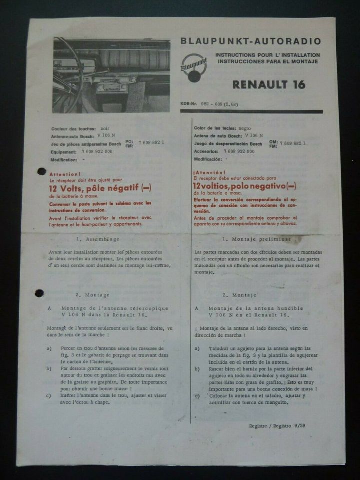 Renault 16 Blaupunkt Radioeinbau- + Bosch Entstöranleitung in Leutenbach