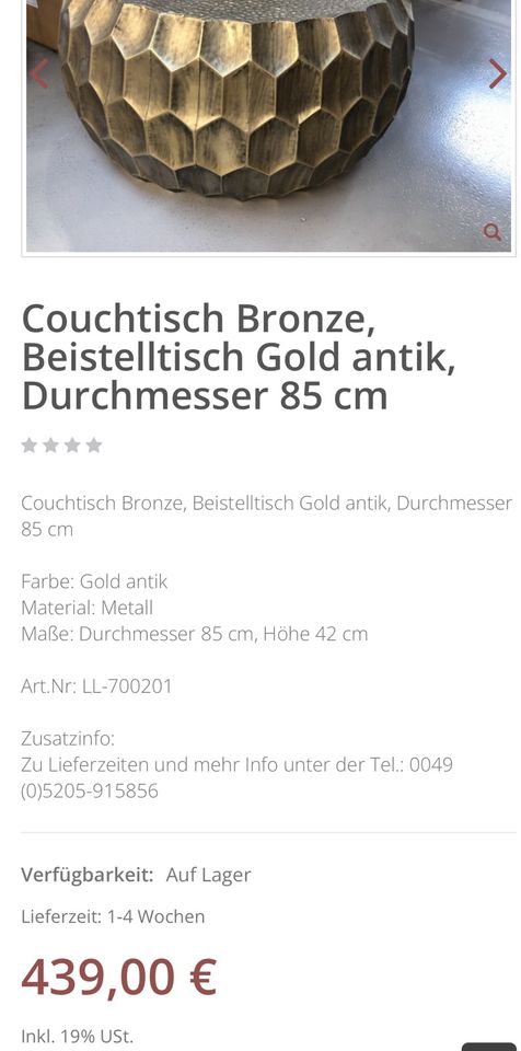 Couchtisch Bronze Beistelltisch Gold antik Metall 85 cm NP 439€ in Ronnenberg