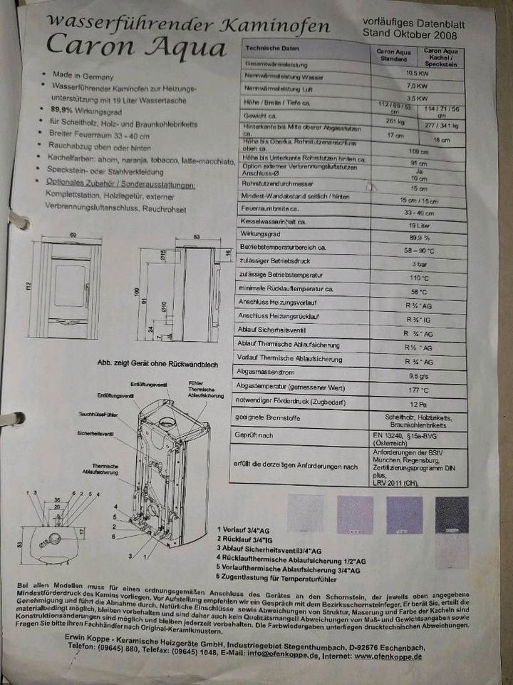 Kaminofen Aqua Caron Koppe Ofen Wasserführung 10,5 KW Speckstein in Schwarzburg
